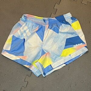 Adidas Blue and Yellow Athletic Shorts with Geometric Design